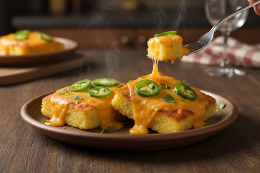 2 square polenta cakes with slices of jalapeno and melted cheddar