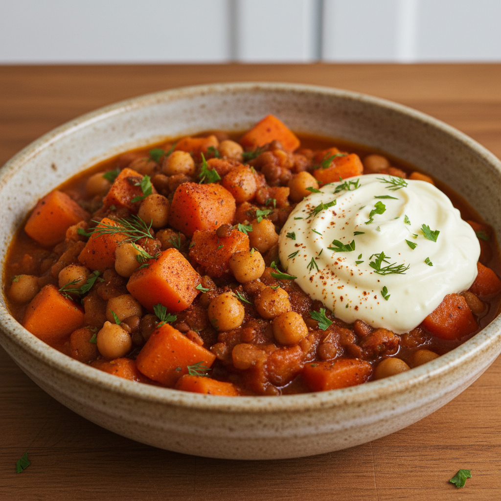 Berbere - Spiced Sweet Potatoes, Carrots & ChickpeasSweet potatoes and carrots simmered with chickpeas and lentils in a tomato sauce with fenugreek, coriander, ginger and paprika. Served with lemon-herb yogurt.