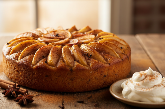 cake with spiced apple wedges and a side of whipped cream