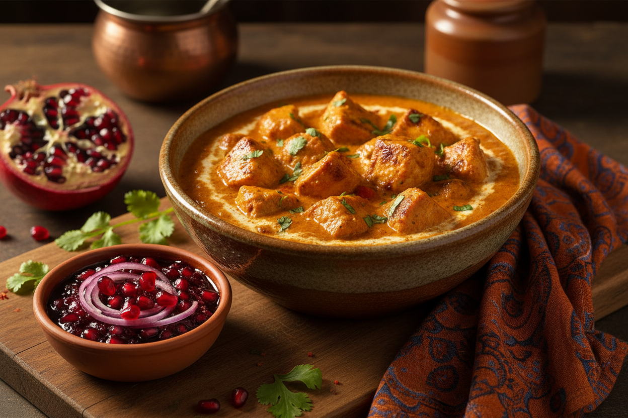 Chicken Tikka Masala – Boneless breast and thighs in a mild yogurt marinade, oven-roasted and simmered with tomatoes, onions, and cream. Served with a sweet pomegranate & onion chutney.