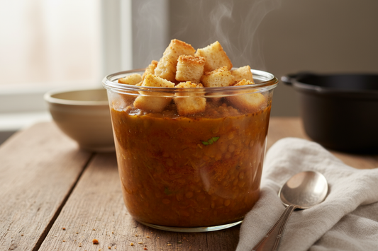 quart of curried tomato lentil soup with croutons