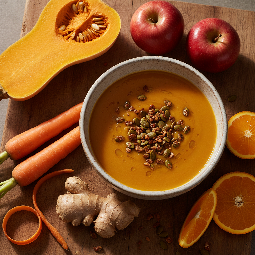 Roasted Butternut Bisque
With carrots, apples & a hint of ginger & orange.
Served with chili maple roasted pepitas.