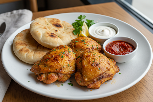 shawarma chicken thighs with 2 pitas and 2 sides of sauce, one white one red