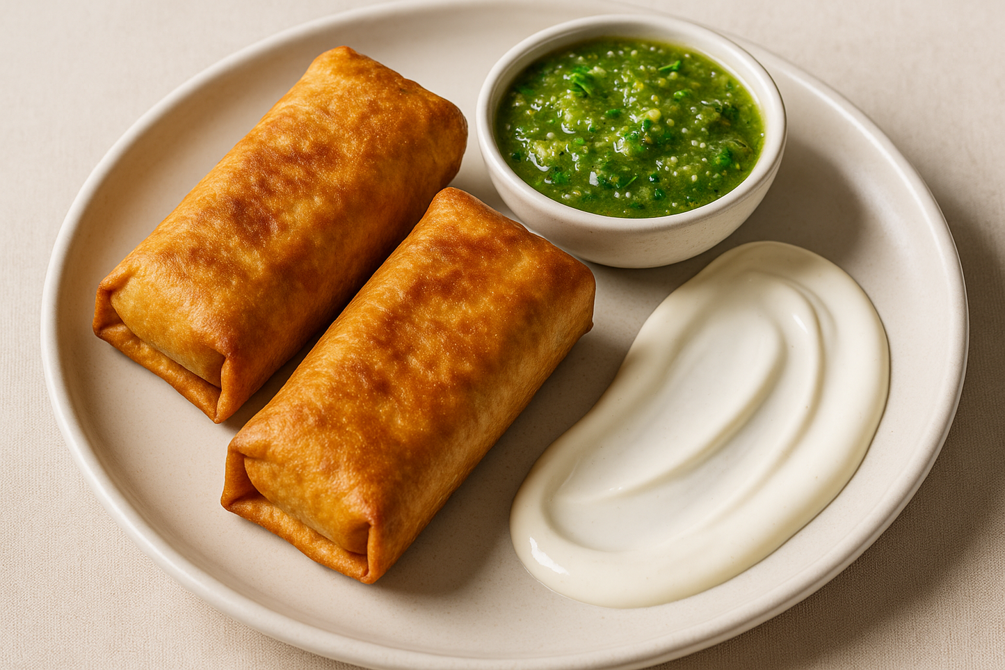 2 chimichangas with tomatillo salsa and crema on the side