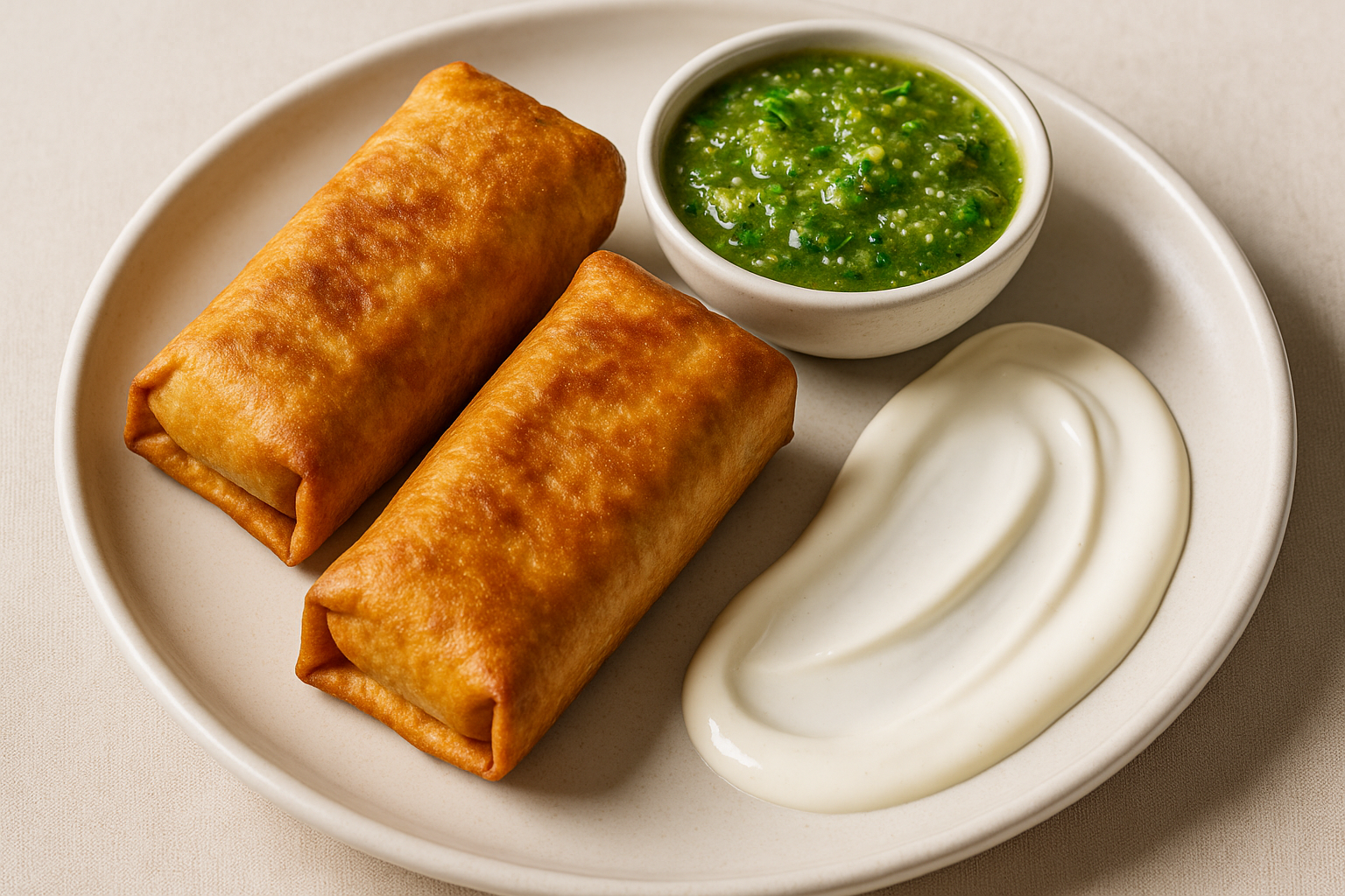 2 chimichangas with tomatillo salsa and crema on the side