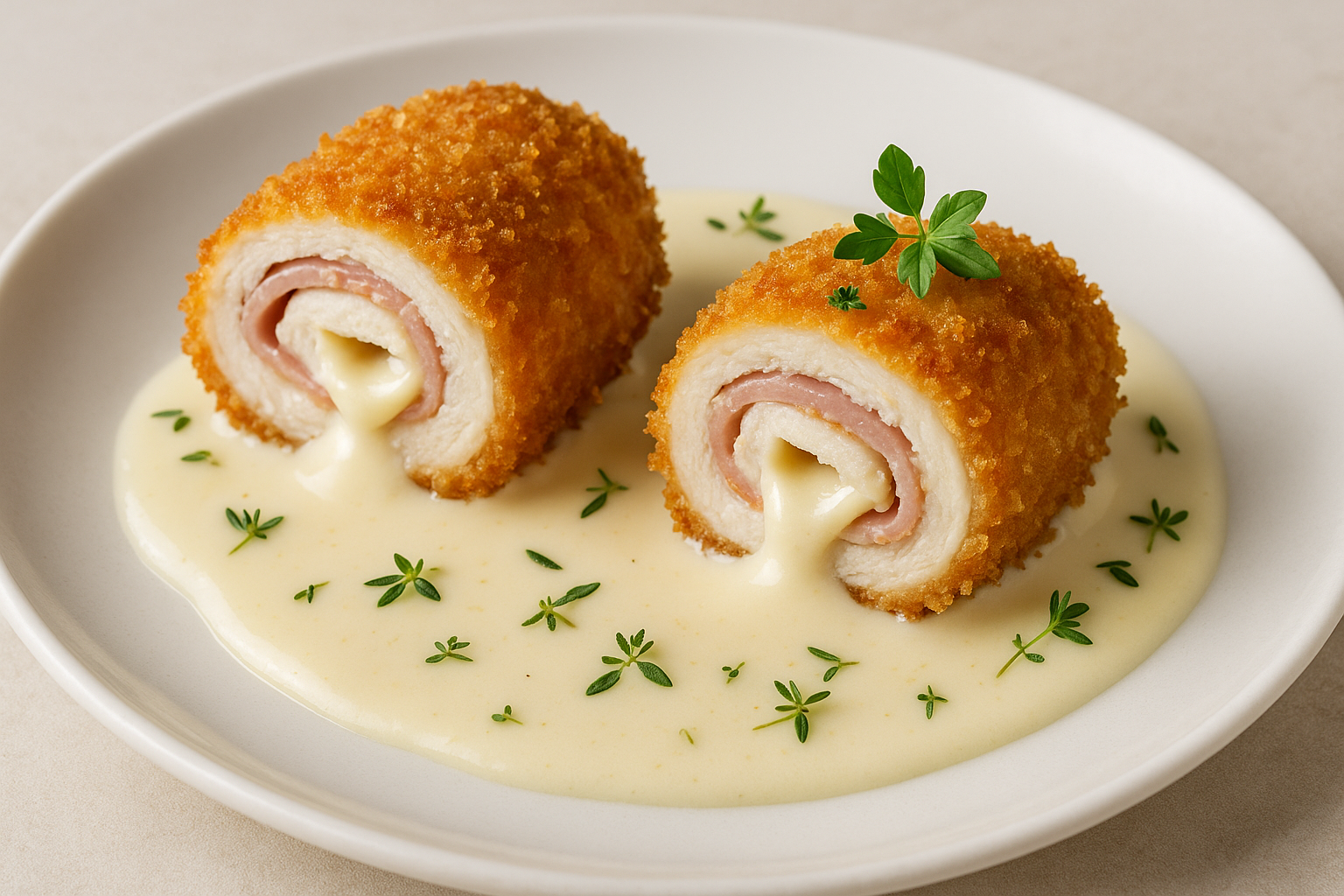 2 small chicken cordon bleu with panko and cream sauce