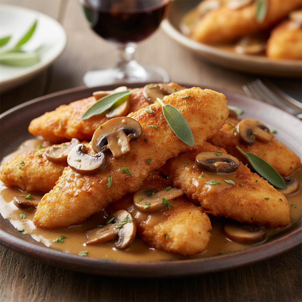 Chicken Tenders Marsala

Boneless tenders sauteed in sage brown butter with mushrooms, finished with marsala wine and cream. 
