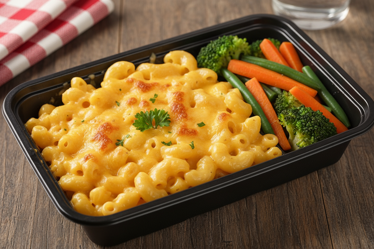 mac and cheese with a side of veggie in a black rectangular takeout container