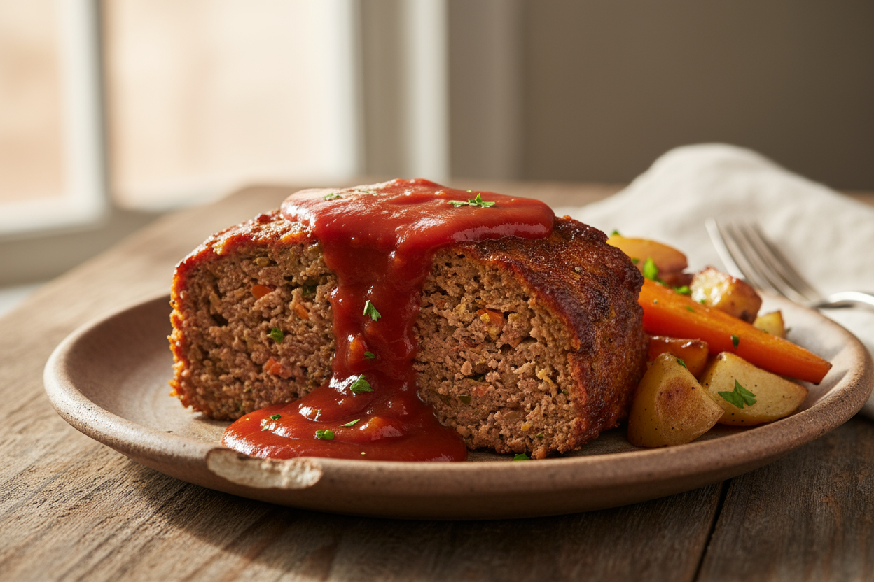 meatloaf slice topped with ketchup and gravy