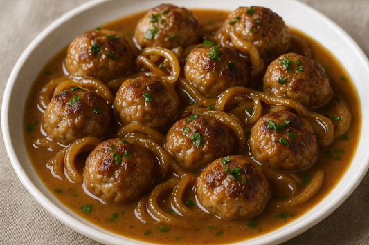 swedish meatballs with caramelized onions and gravy with a sprinkle of parsley