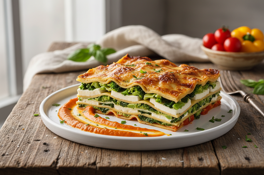 vegetarian lasagna Broccoli, spinach, ricotta and house made fresh mozzarella. Served with roasted pepper cream sauce.